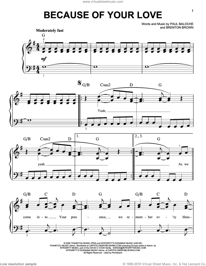 Because Of Your Love sheet music for piano solo by Paul Baloche and Brenton Brown, easy skill level