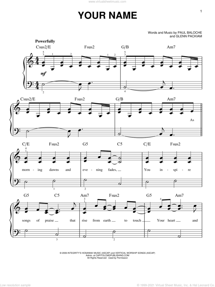 Your Name sheet music for piano solo by Paul Baloche and Glenn Packiam, easy skill level