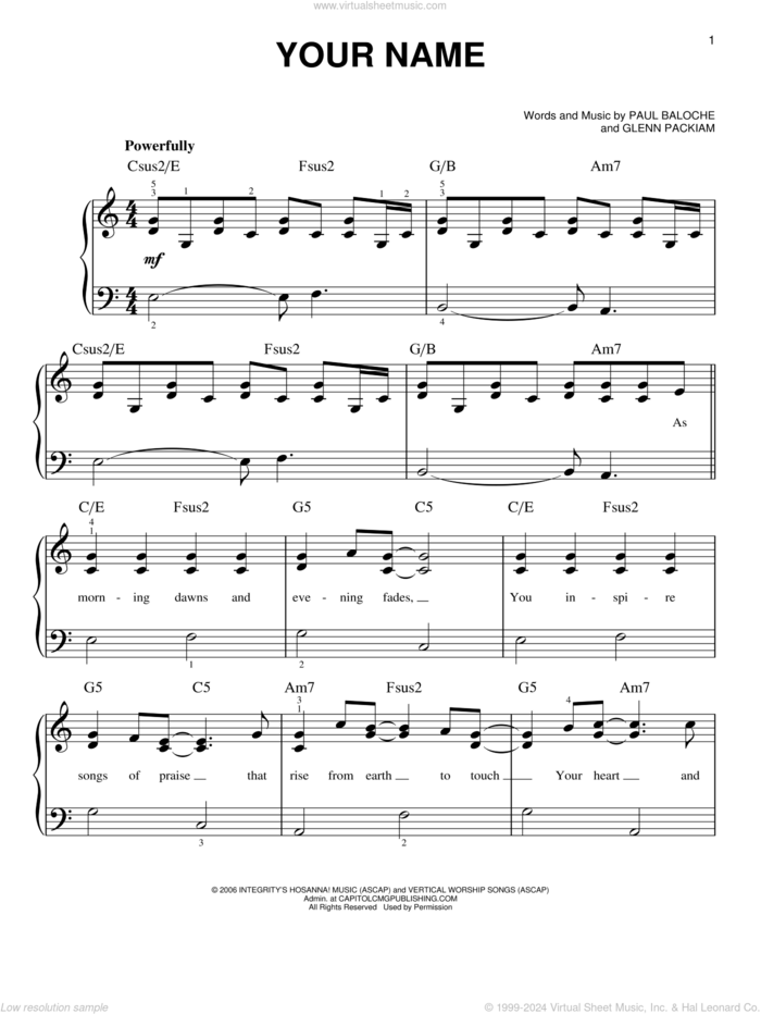 Your Name, (easy) sheet music for piano solo by Paul Baloche and Glenn Packiam, easy skill level