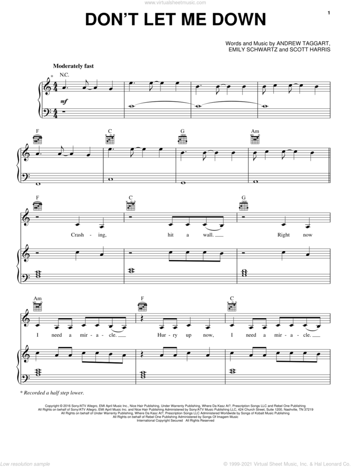 Don't Let Me Down sheet music for voice, piano or guitar by The Chainsmokers feat. Daya, Andrew Taggart, Emily Schwartz and Scott Harris, intermediate skill level