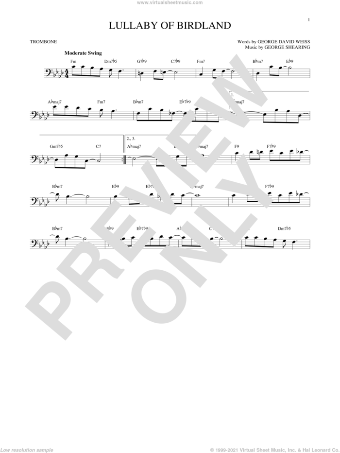 Lullaby Of Birdland sheet music for trombone solo by George David Weiss and George Shearing, intermediate skill level
