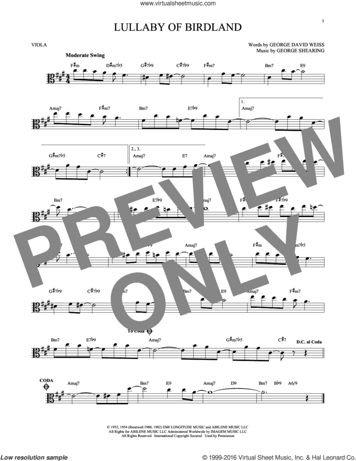 Lullaby Of Birdland sheet music for viola solo by George David Weiss and George Shearing, intermediate skill level