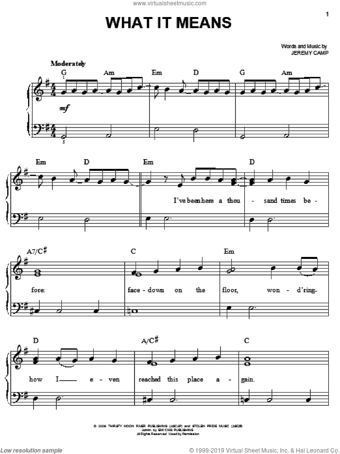 What It Means sheet music for piano solo by Jeremy Camp, easy skill level