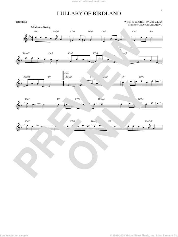 Lullaby Of Birdland sheet music for trumpet solo by George David Weiss and George Shearing, intermediate skill level