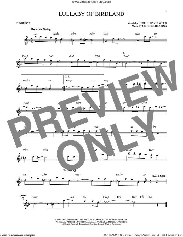 Lullaby Of Birdland sheet music for tenor saxophone solo by George David Weiss and George Shearing, intermediate skill level