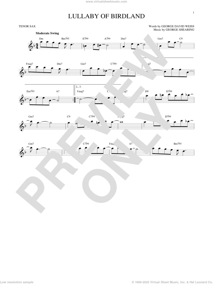 Lullaby Of Birdland sheet music for tenor saxophone solo by George David Weiss and George Shearing, intermediate skill level