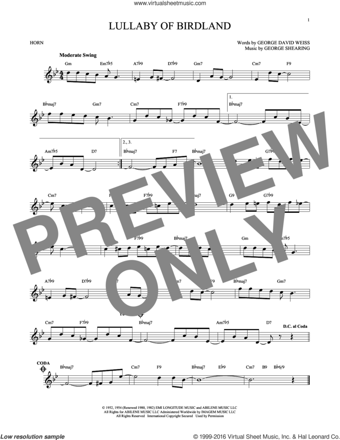 Lullaby Of Birdland sheet music for horn solo by George David Weiss and George Shearing, intermediate skill level