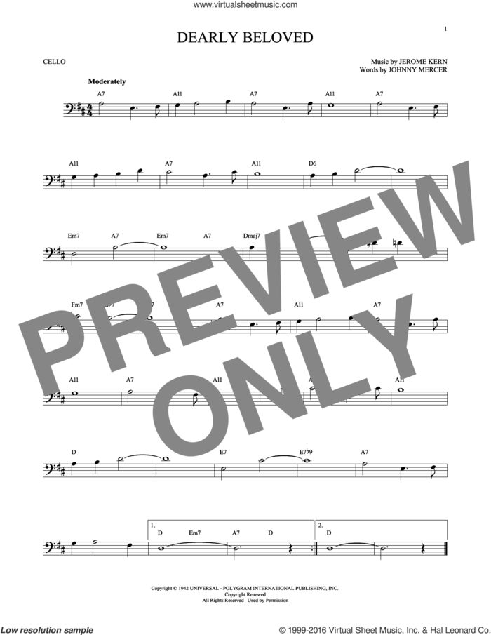 Dearly Beloved sheet music for cello solo by Jerome Kern and Johnny Mercer, intermediate skill level