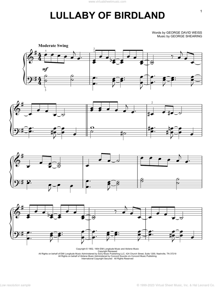 Lullaby Of Birdland, (easy) sheet music for piano solo by George David Weiss and George Shearing, easy skill level
