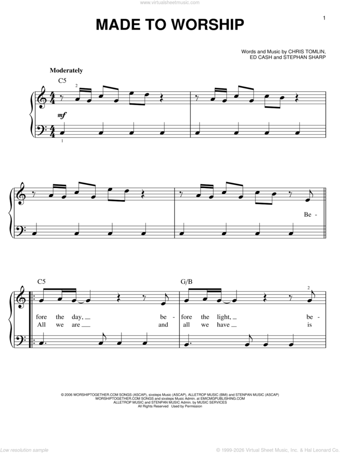 Made To Worship sheet music for piano solo by Chris Tomlin, Ed Cash and Stephan Sharp, easy skill level