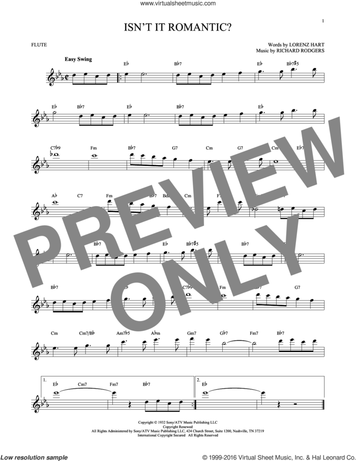 Isn't It Romantic? sheet music for flute solo by Rodgers & Hart, Shirley Horn, Lorenz Hart and Richard Rodgers, intermediate skill level