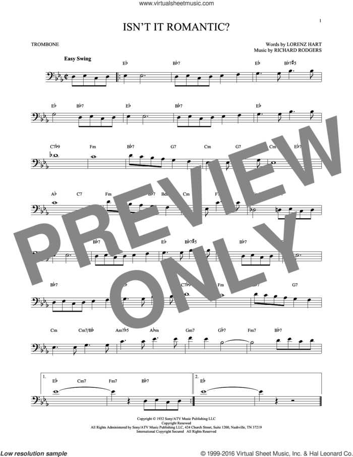 Isn't It Romantic? sheet music for trombone solo by Rodgers & Hart, Shirley Horn, Lorenz Hart and Richard Rodgers, intermediate skill level