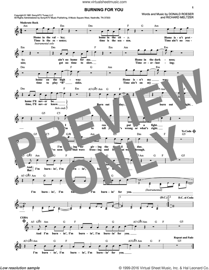 Burning For You sheet music for voice and other instruments (fake book) by Blue Oyster Cult, Donald Roeser and Richard Meltzer, intermediate skill level