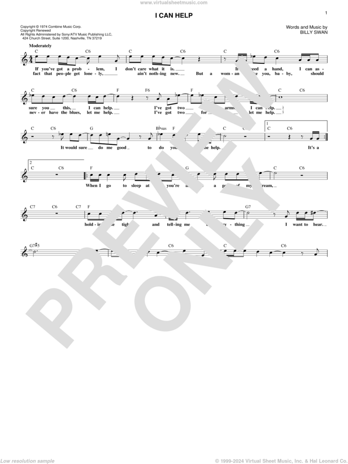 I Can Help sheet music for voice and other instruments (fake book) by Billy Swan, intermediate skill level