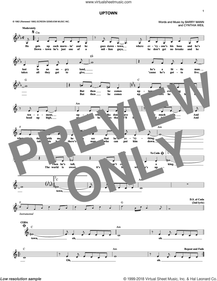 Uptown sheet music for voice and other instruments (fake book) by The Crystals, Barry Mann and Cynthia Weil, intermediate skill level