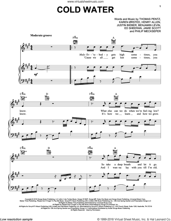 Cold Water (featuring Justin Bieber and MO) sheet music for voice, piano or guitar by Major Lazer, Major Lazer feat. Justin Bieber and MA�Au, Major Lazer featuring Justin Bieber and MO, MO, Benjamin Levin, Ed Sheeran, Henry Allen, Jamie Scott, Justin Bieber, Karen Marie Orsted, Philip Meckseper and Thomas Wesley Pentz, intermediate skill level