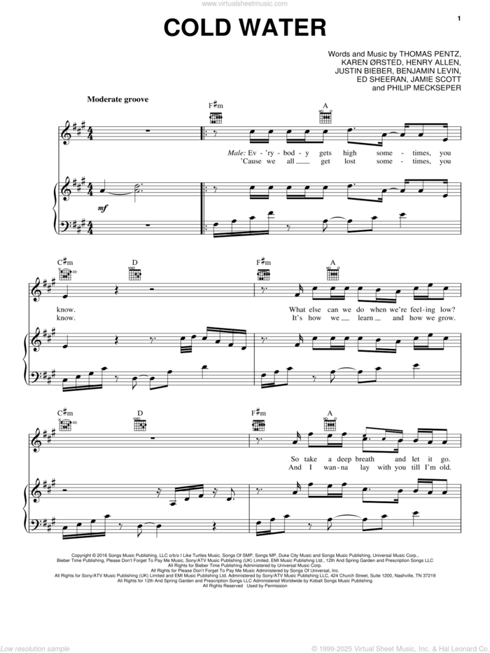 Cold Water (featuring Justin Bieber and MO) sheet music for voice, piano or guitar by Major Lazer, Major Lazer feat. Justin Bieber and MAAu, Major Lazer featuring Justin Bieber and MO, MO, Benjamin Levin, Ed Sheeran, Henry Allen, Jamie Scott, Justin Bieber, Karen Marie Orsted, Philip Meckseper and Thomas Wesley Pentz, intermediate skill level