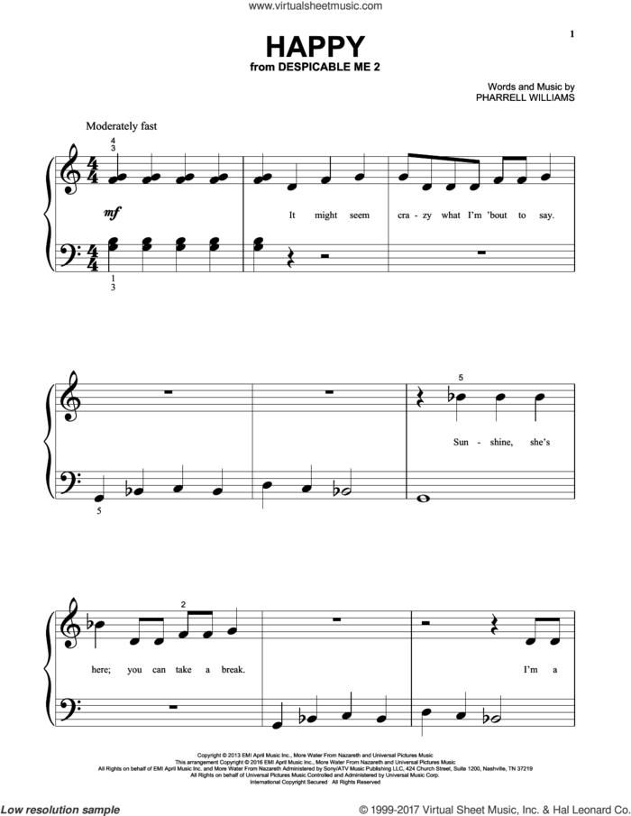 Happy, (beginner) sheet music for piano solo by Pharrell and Pharrell Williams, beginner skill level