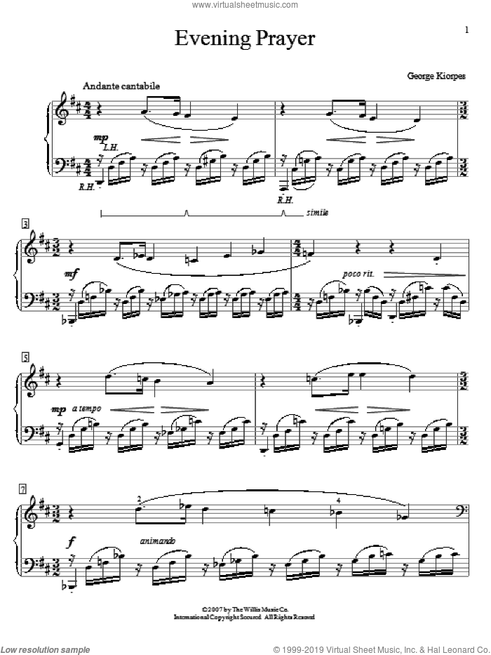 Evening Prayer sheet music for piano solo (elementary) by George Kiorpes, beginner piano (elementary)