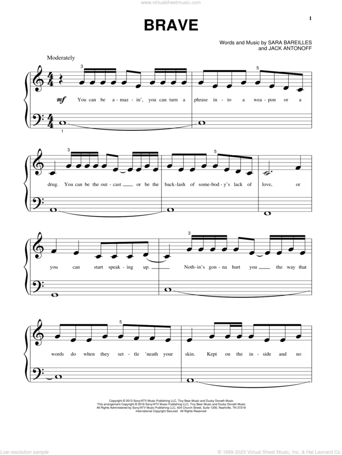 Brave sheet music for piano solo (big note book) by Sara Bareilles and Jack Antonoff, easy piano (big note book)