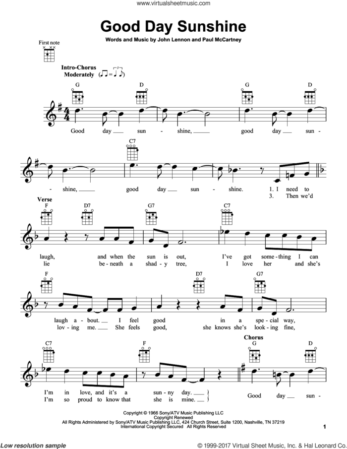 Good Day Sunshine sheet music for ukulele by The Beatles, John Lennon and Paul McCartney, intermediate skill level