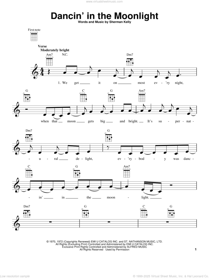 Dancin' In The Moonlight sheet music for ukulele by King Harvest and Sherman Kelly, intermediate skill level