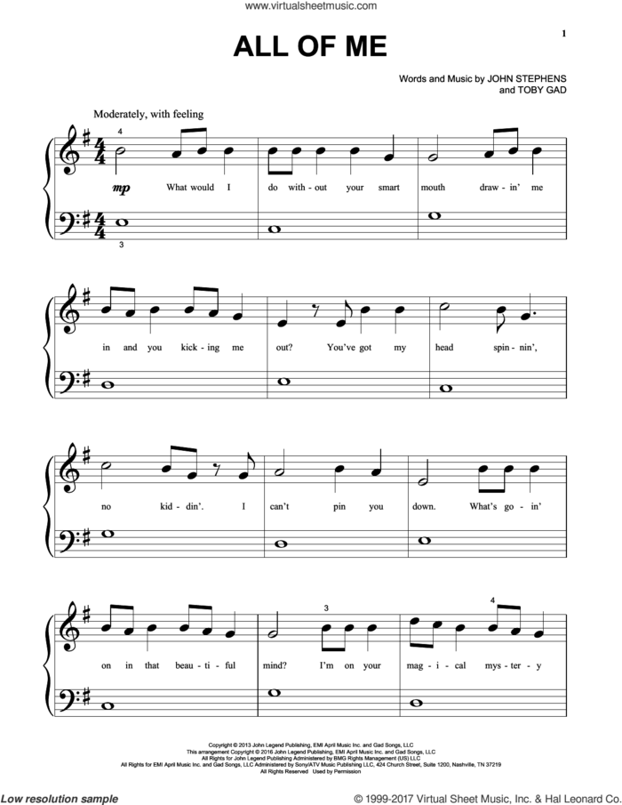 All Of Me sheet music for piano solo by John Legend, John Stephens and Toby Gad, wedding score, beginner skill level