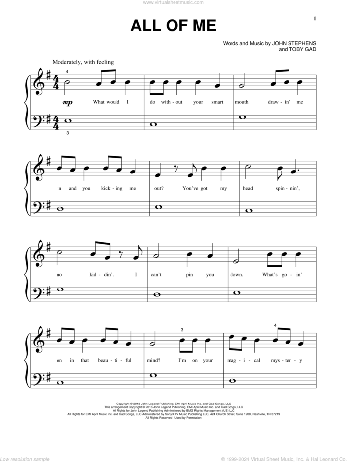 All Of Me sheet music for piano solo by John Legend, John Stephens and Toby Gad, wedding score, beginner skill level