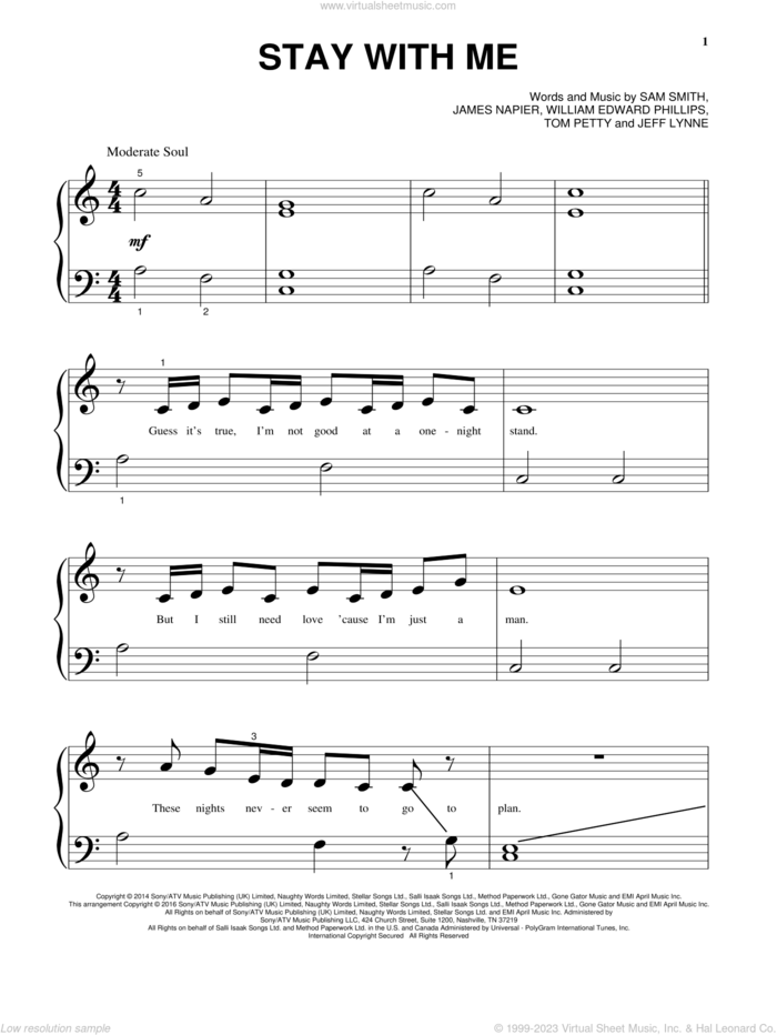 Stay With Me sheet music for piano solo by Sam Smith, James Napier, Jeff Lynne, Tom Petty and William Edward Phillips, beginner skill level