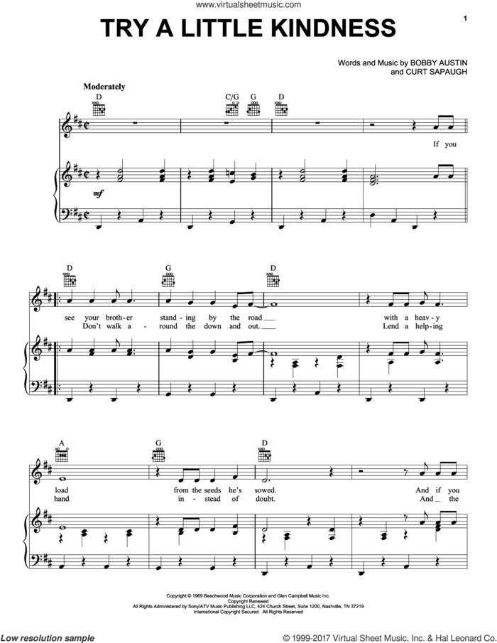 Try A Little Kindness sheet music for voice, piano or guitar by Glen Campbell, Bobby Austin and Curt Sapaugh, intermediate skill level