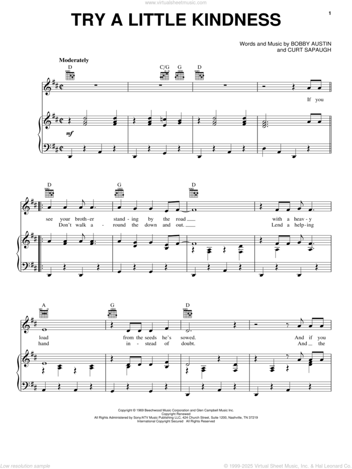 Try A Little Kindness sheet music for voice, piano or guitar by Glen Campbell, Bobby Austin and Curt Sapaugh, intermediate skill level