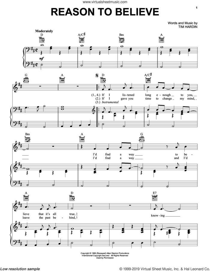 Reason To Believe sheet music for voice, piano or guitar by Glen Campbell, Rod Stewart and Tim Hardin, intermediate skill level