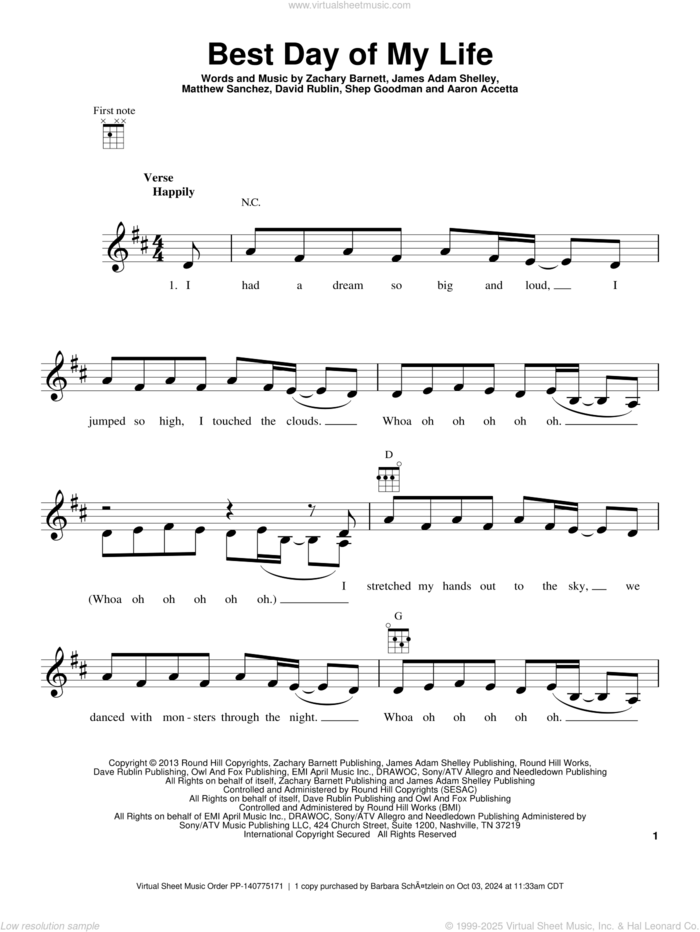 Best Day Of My Life sheet music for ukulele by American Authors, Aaron Accetta, David Rublin, James Adam Shelley, Matthew Sanchez, Shep Goodman and Zachary Barnett, intermediate skill level