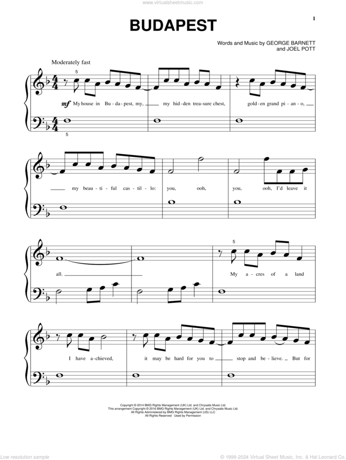 Budapest sheet music for piano solo by George Ezra, George Barnett and Joel Pott, beginner skill level