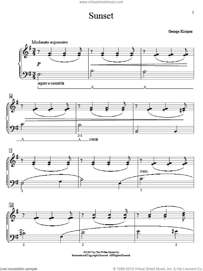 Sunset sheet music for piano solo (elementary) by George Kiorpes, beginner piano (elementary)