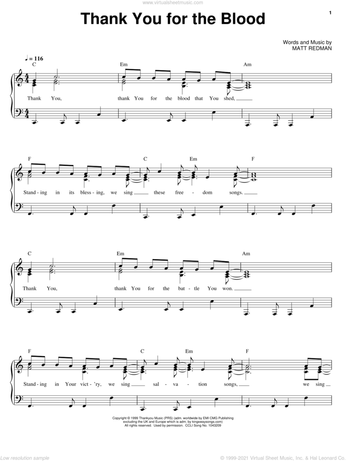 Thank You For The Blood sheet music for voice, piano or guitar by Matt Redman, intermediate skill level