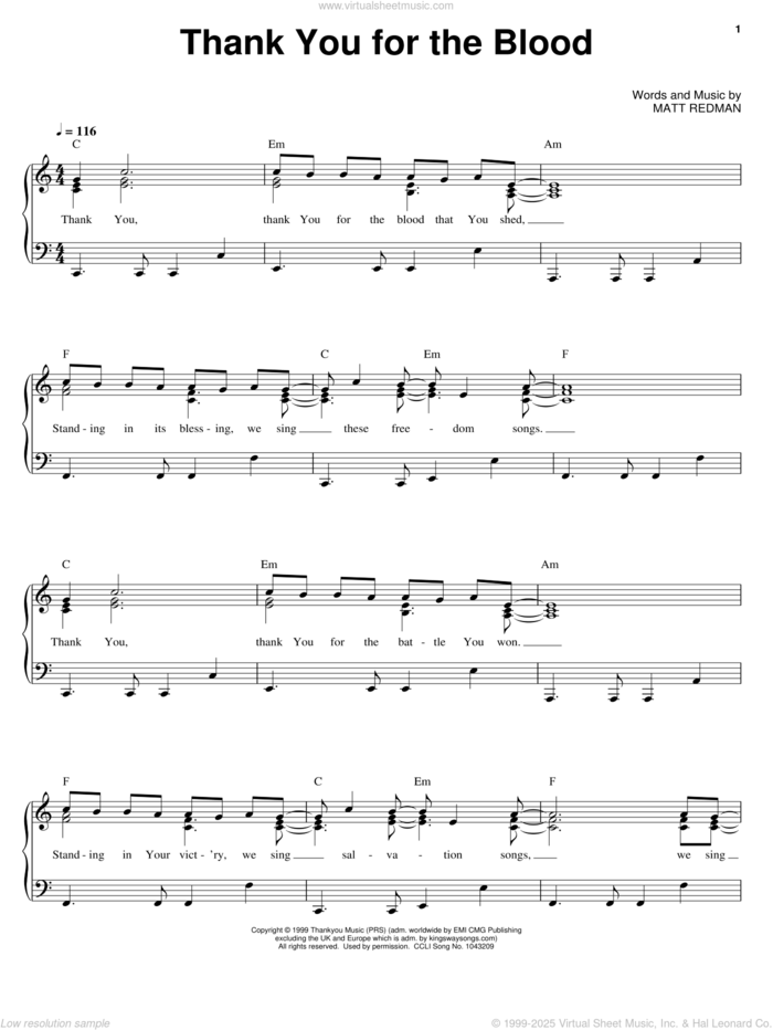 Thank You For The Blood sheet music for voice, piano or guitar by Matt Redman, intermediate skill level