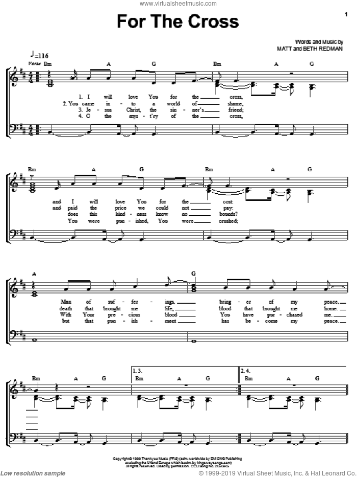 For The Cross sheet music for voice, piano or guitar by Matt Redman and Beth Redman, intermediate skill level
