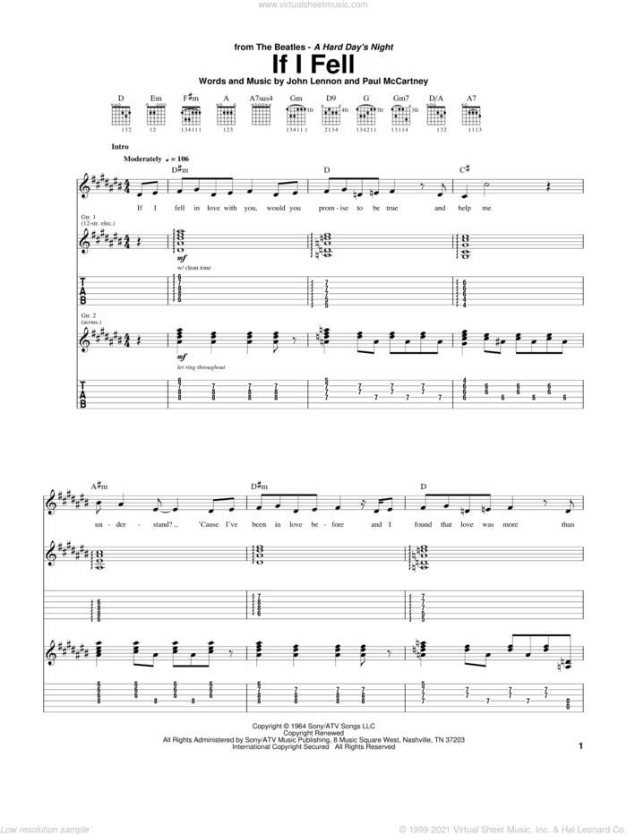 If I Fell sheet music for guitar (tablature) by The Beatles, John Lennon and Paul McCartney, intermediate skill level