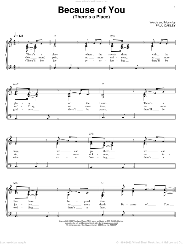 Because Of You (There's A Place) sheet music for voice, piano or guitar by Paul Oakley, intermediate skill level