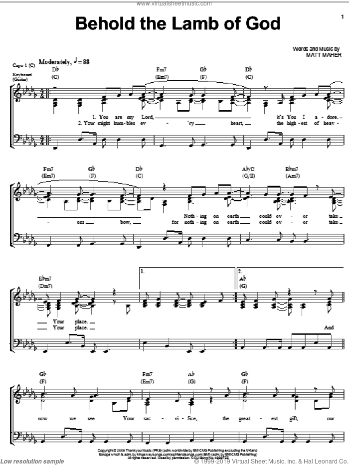 Behold The Lamb Of God sheet music for voice, piano or guitar by Matt Maher, intermediate skill level