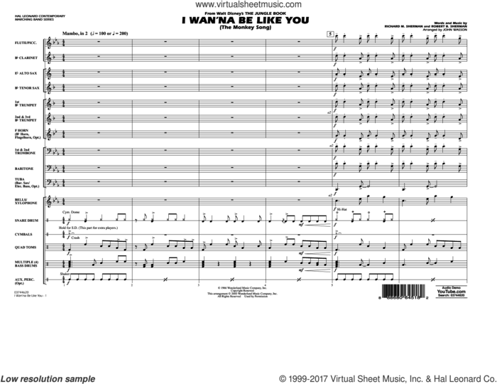 I Wan'na Be Like You (COMPLETE) sheet music for marching band by Richard M. Sherman, Big Bad Voodoo Daddy, John Wasson and Robert B. Sherman, intermediate skill level