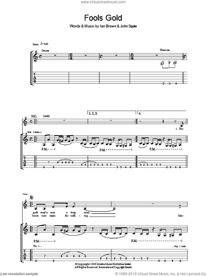 Fool's Gold sheet music for guitar (tablature) by The Stone Roses, Ian Brown and John Squire, intermediate skill level