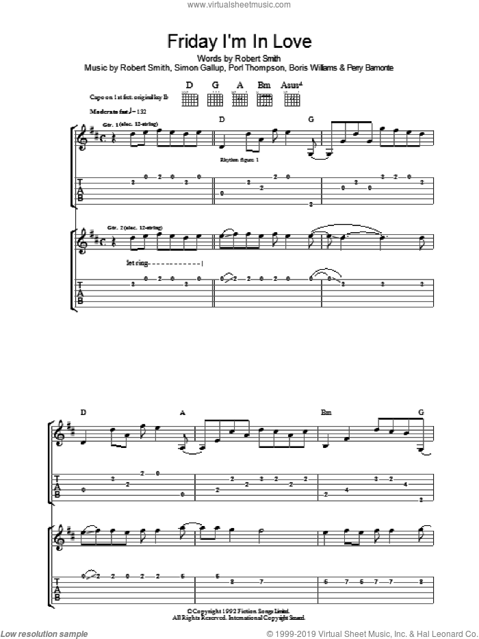 Friday I'm In Love sheet music for guitar (tablature) by The Cure, Boris Williams, Perry Bamonte, Porl Thompson, Robert Smith and Simon Gallup, intermediate skill level