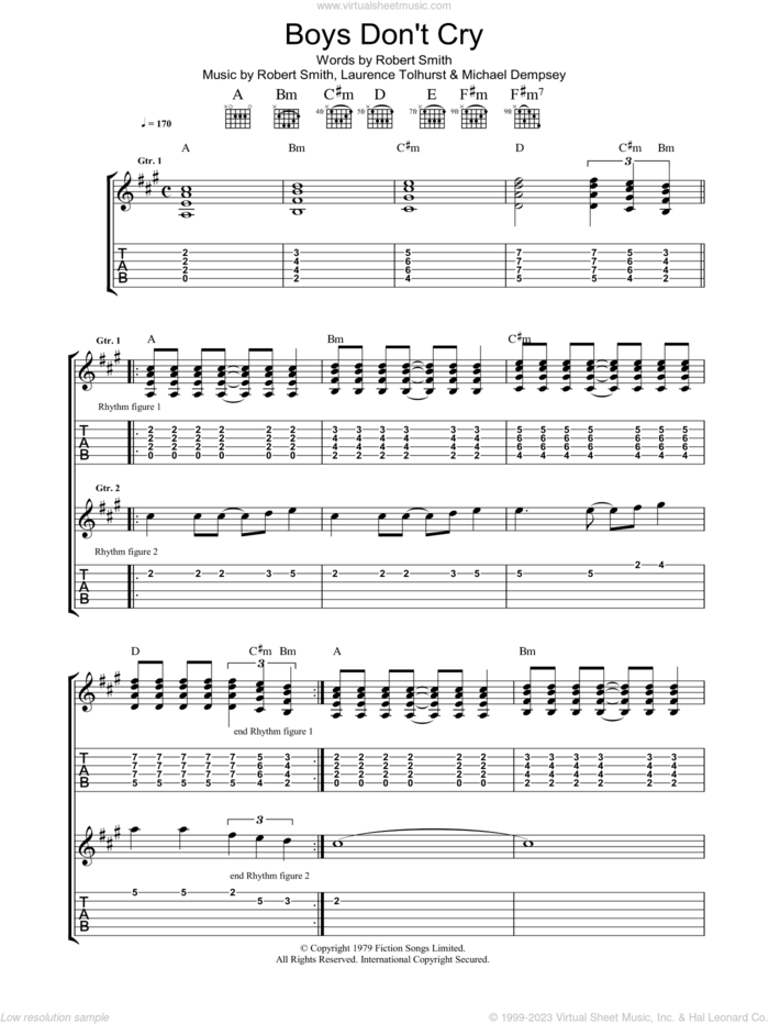 Boys Don't Cry sheet music for guitar (tablature) by The Cure, Laurence Tolhurst, Michael Dempsey and Robert Smith, intermediate skill level