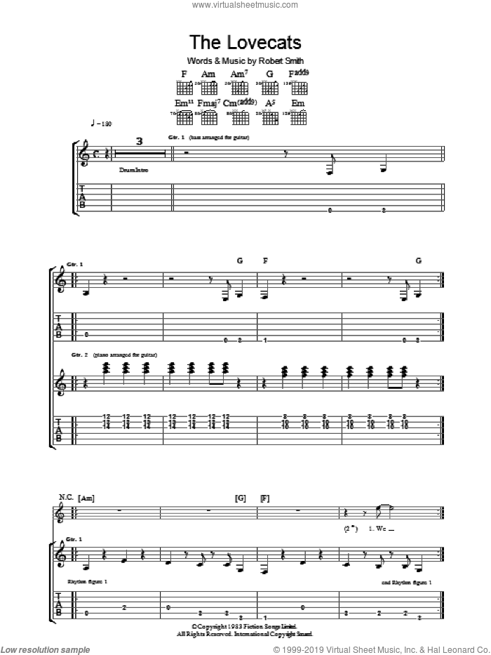 The Lovecats sheet music for guitar (tablature) by The Cure and Robert Smith, intermediate skill level