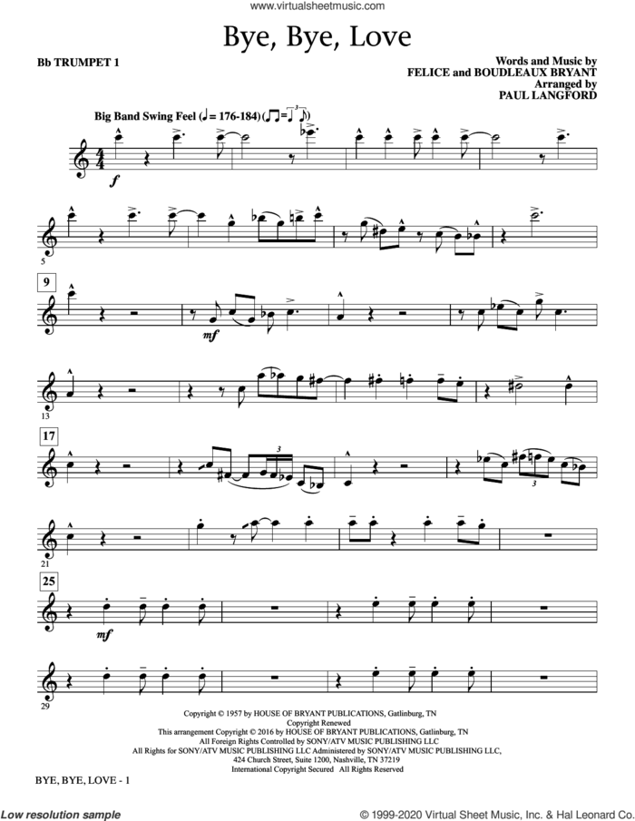 Bye, Bye Love (complete set of parts) sheet music for orchestra/band by Paul Langford, Boudleaux Bryant, Felice Bryant, The Everly Brothers and Webb Pierce, intermediate skill level