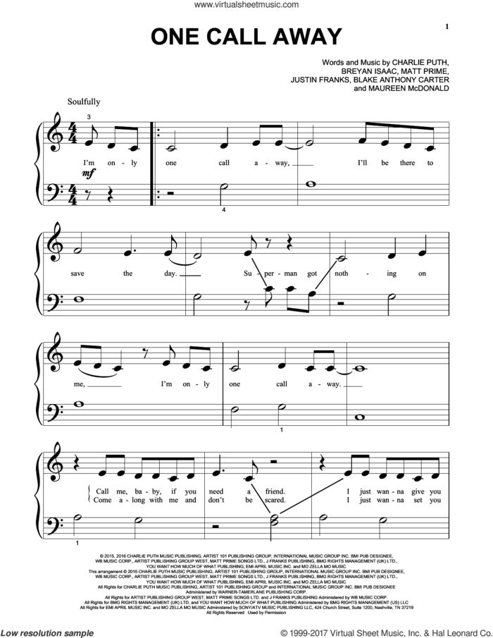 One Call Away, (beginner) sheet music for piano solo by Charlie Puth, Blake Anthony Carter, Breyan Isaac, Justin Franks, Matt Prime and Maureen McDonald, beginner skill level