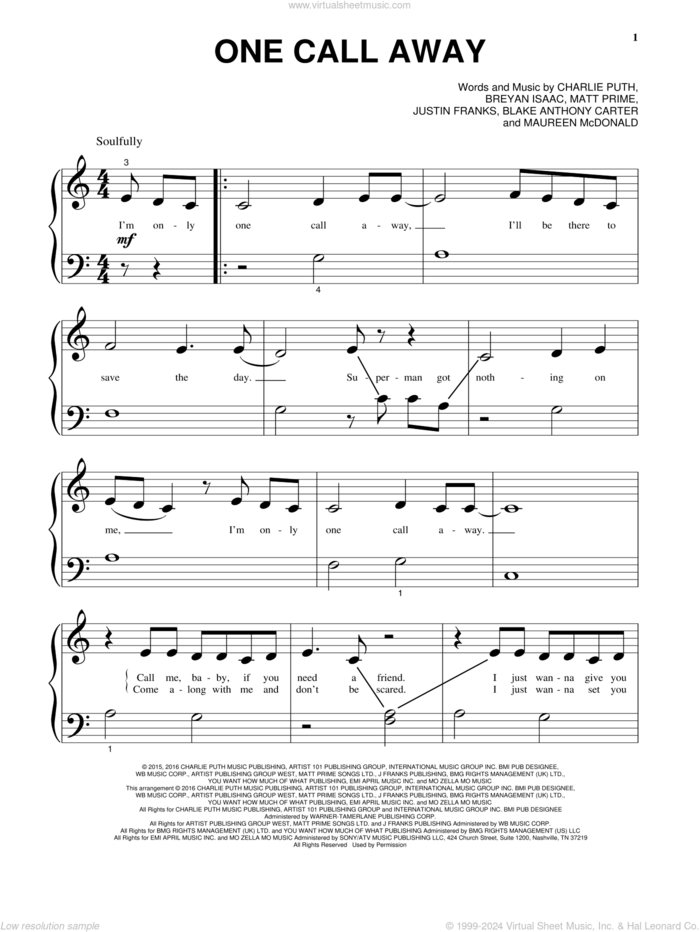 One Call Away, (beginner) sheet music for piano solo by Charlie Puth, Blake Anthony Carter, Breyan Isaac, Justin Franks, Matt Prime and Maureen McDonald, beginner skill level