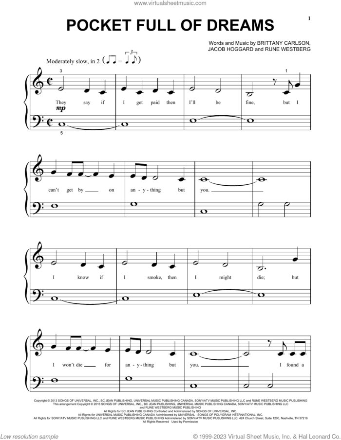Pocket Full Of Dreams sheet music for piano solo by Jacob Hoggard, Brittany Carlson and Rune Westberg, beginner skill level